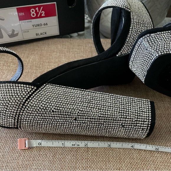 Black Rhinestones Shoes 8.5, black open toe chunky block platform heels - Picture 10 of 11